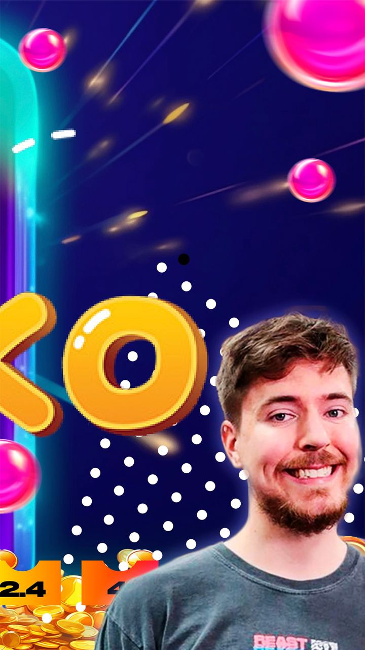 A dynamic Plinko game scene with cascading pink balls, the word 'KO' in bold yellow letters, and a player wearing a casual t-shirt standing near the bottom right corner.